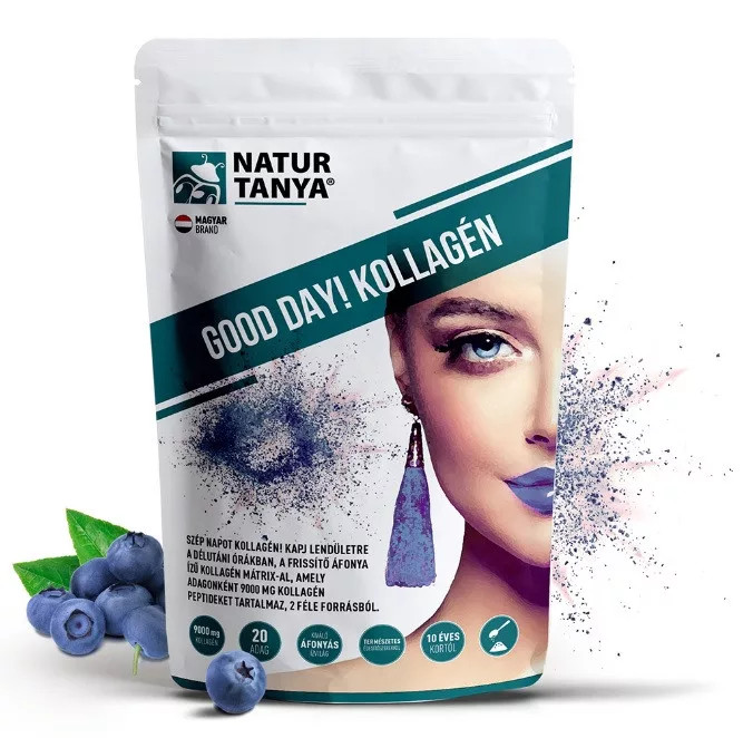 Natur Tanya GOOD DAY! Kollagén por frissítő áfonya ízben - hal és marha kollagén peptidek, biotin, C-vitamin és cink-biszglicinát 20 adag